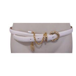 Vintage 90s Talbots White Leather Belt w/ Gold Chain Buckle Skinny size M